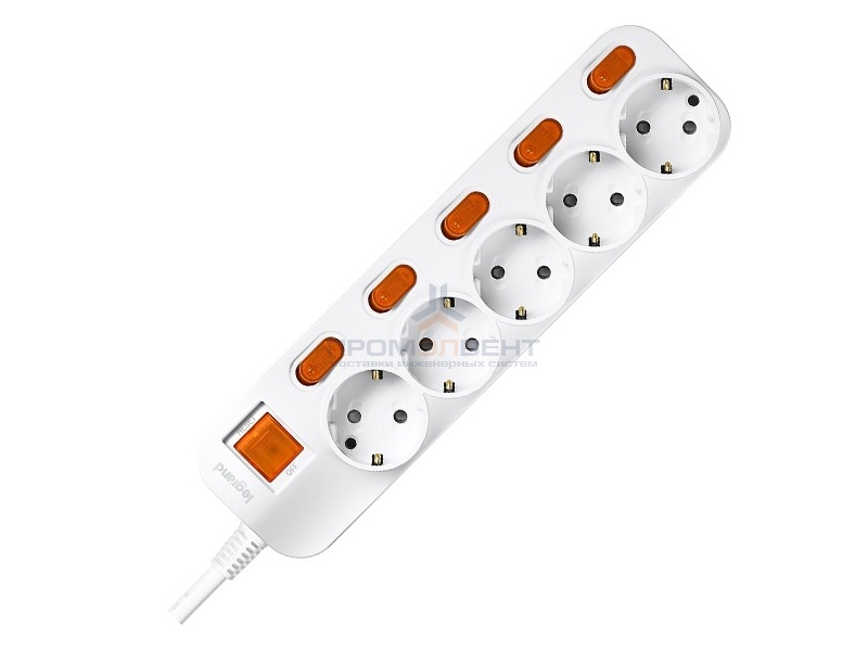 Anam Legrand e-Fren 5 Удлинитель с выключателем+ индивидуальным выкл.,шнур 2.5м, 16A, 250V